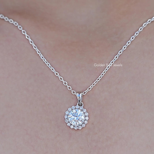 Close up view of Round Cut Lab Diamond Halo Pendant 