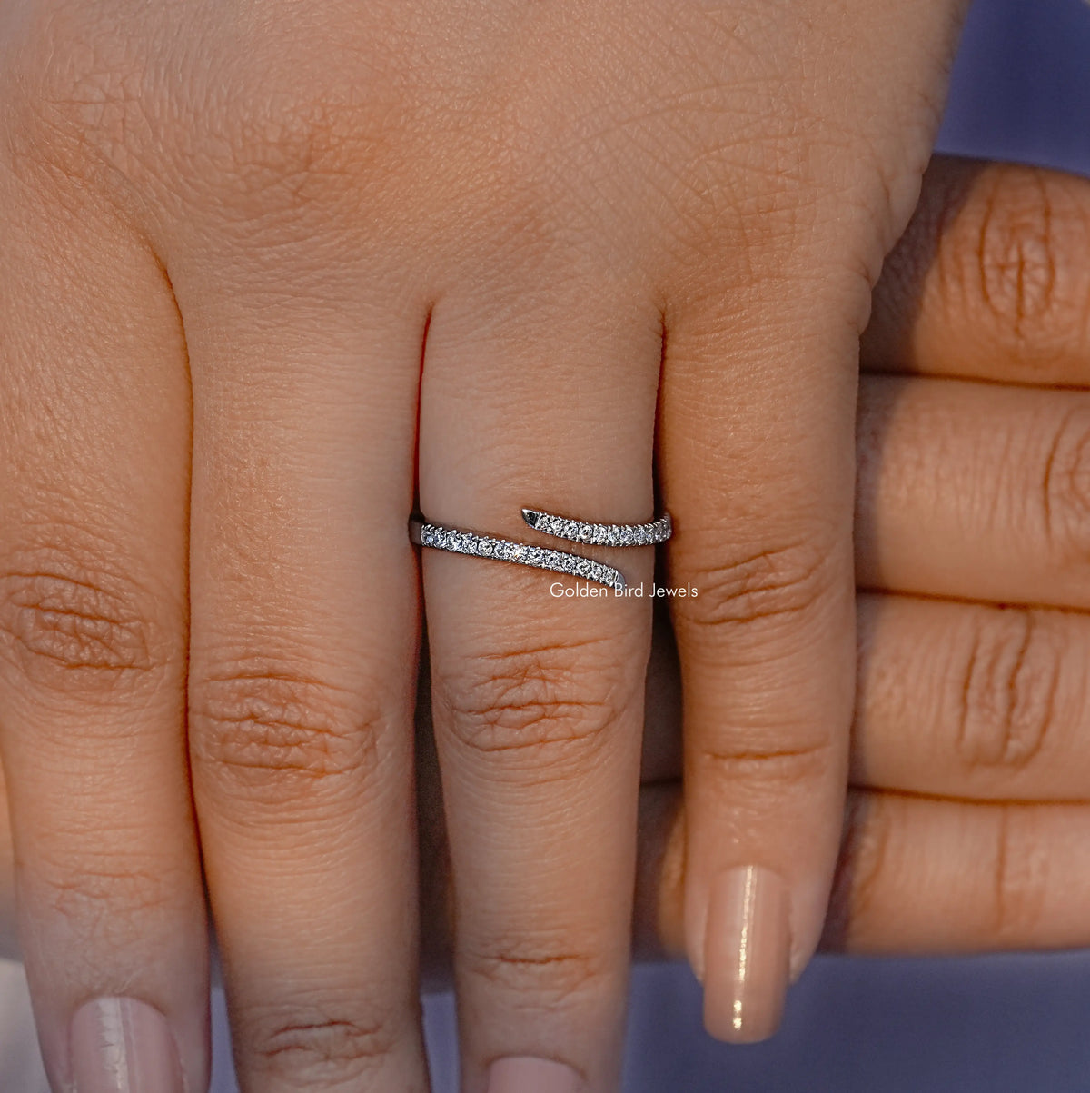 Slim open cuff ring with round cut lab diamond pave band, worn on fingers