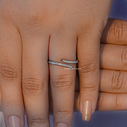 Slim open cuff ring with round cut lab diamond pave band, worn on fingers