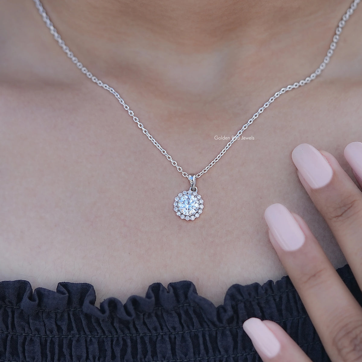 In Neck View of Round Cut Lab Diamond Halo Necklace
