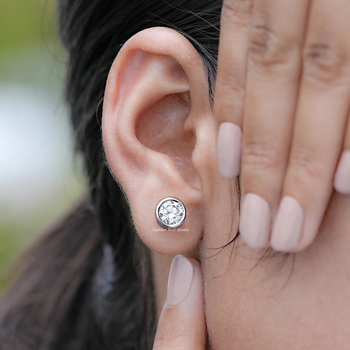 Display view of Round Cut Diamond Bezel Set Stud Earrings