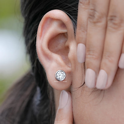 Display view of Round Cut Diamond Bezel Set Stud Earrings