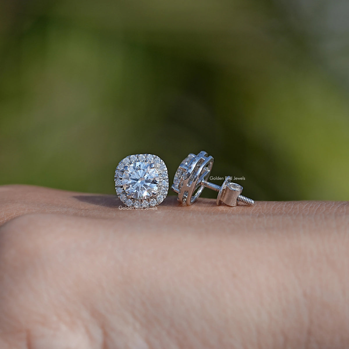 Front And Back Side View Of Round Cut Lab Diamond Stud Earrings In White Gold