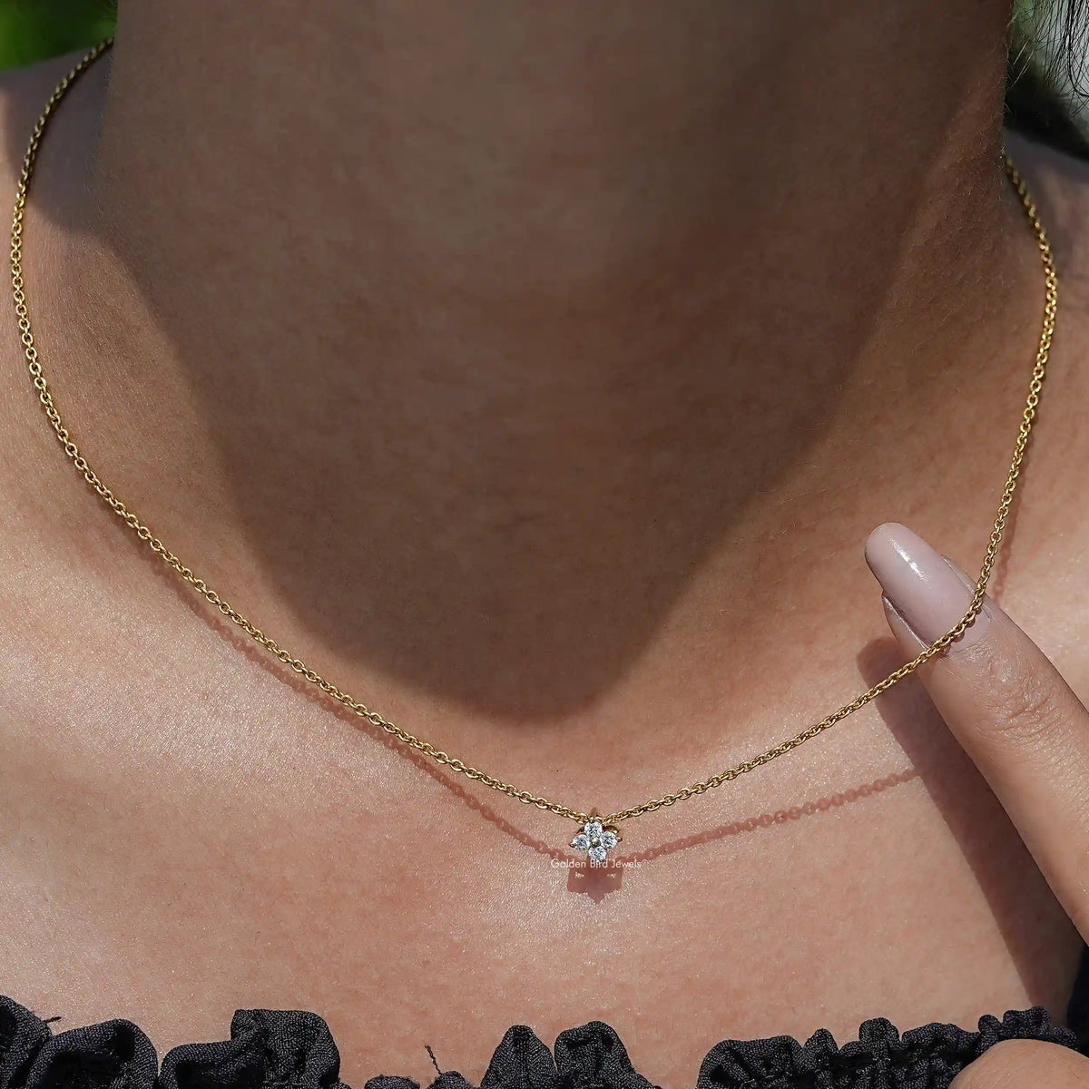 Detailed View Of Round Cut Lab Diamond Flower Pendant In Yellow Gold