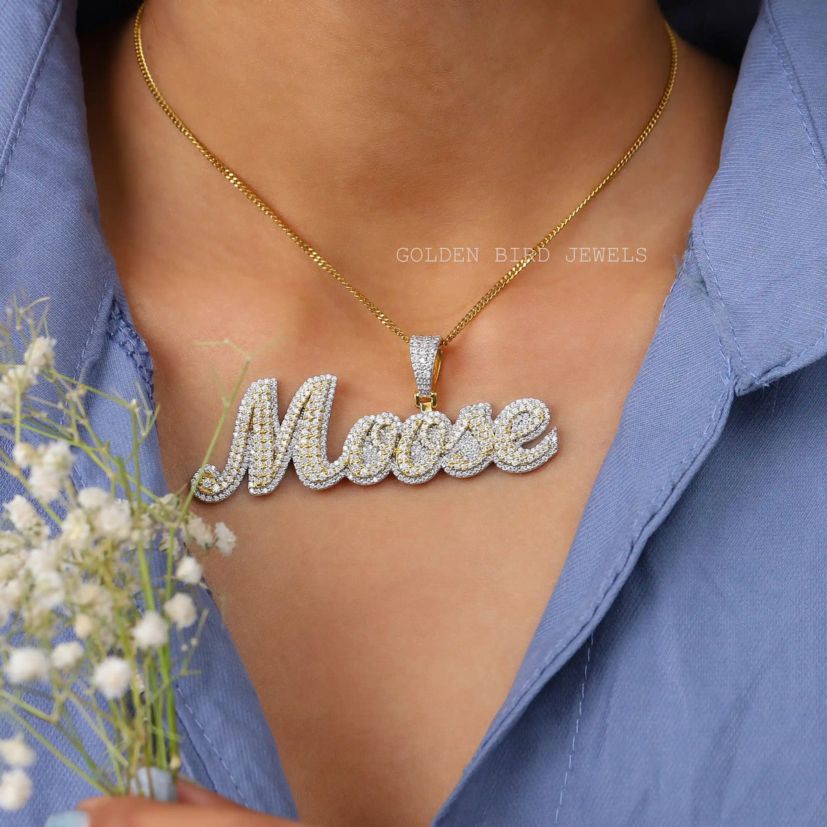 In neck view of Round cut statement moissanite halo pendant 