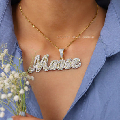 In neck view of Round cut statement moissanite halo pendant 