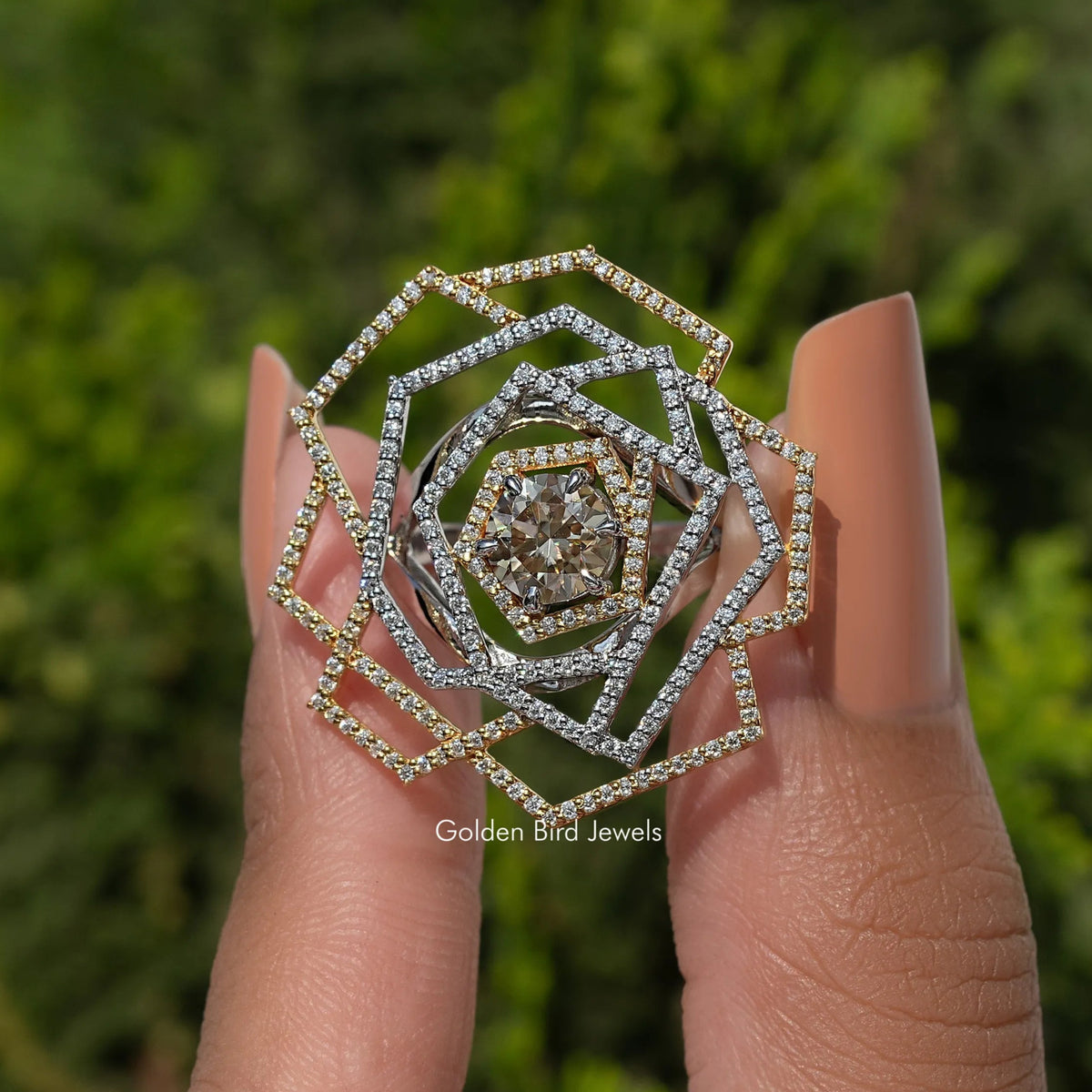 925 sterling silver round-cut moissanite cluster halo ring with geometric lattice design
