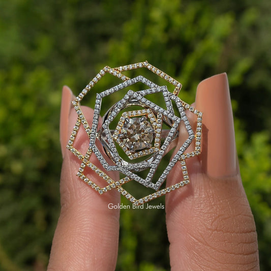 925 sterling silver round-cut moissanite cluster halo ring with geometric lattice design