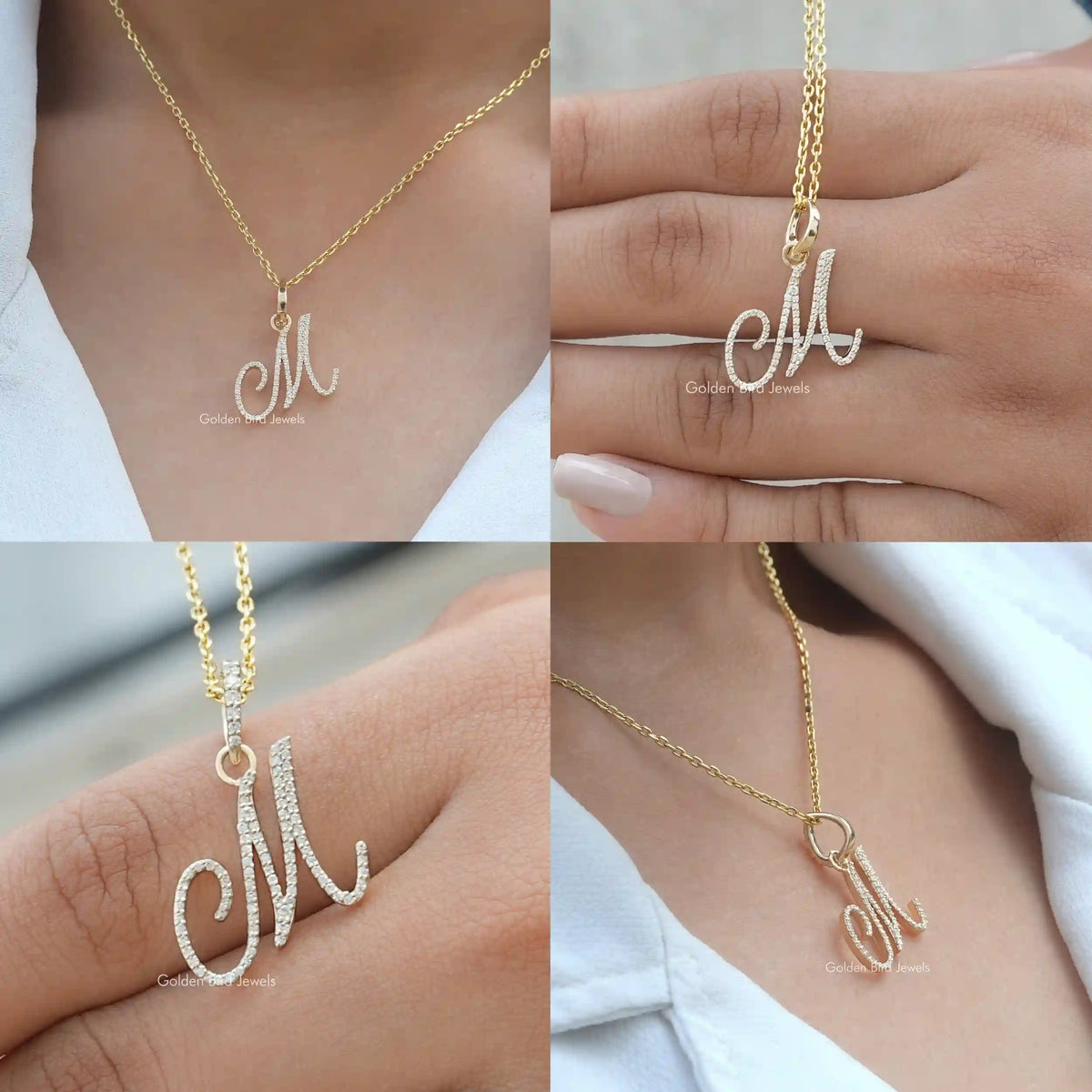 Front back side and Close view of moissanite letter pendant 