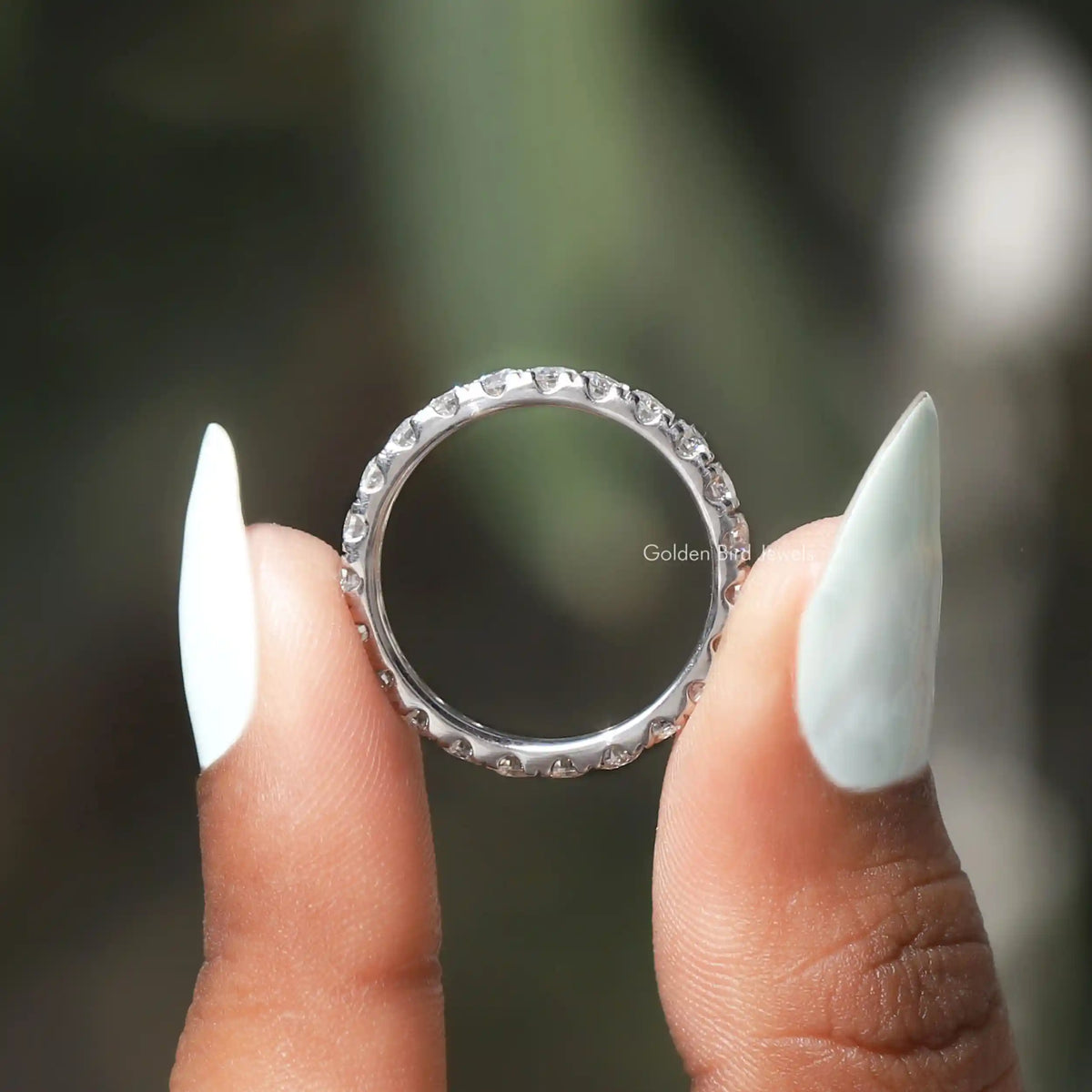 Round-cut moissanite eternity stacking band, sterling silver with prong-set stones