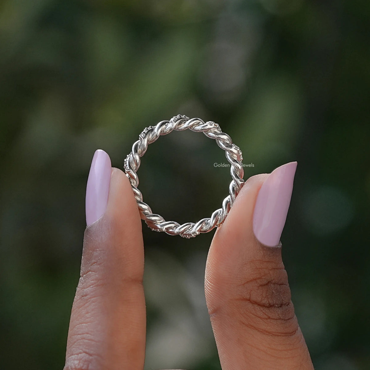 [14K White Gold Round Moissanite Band]-[Golden Bird Jewels]
