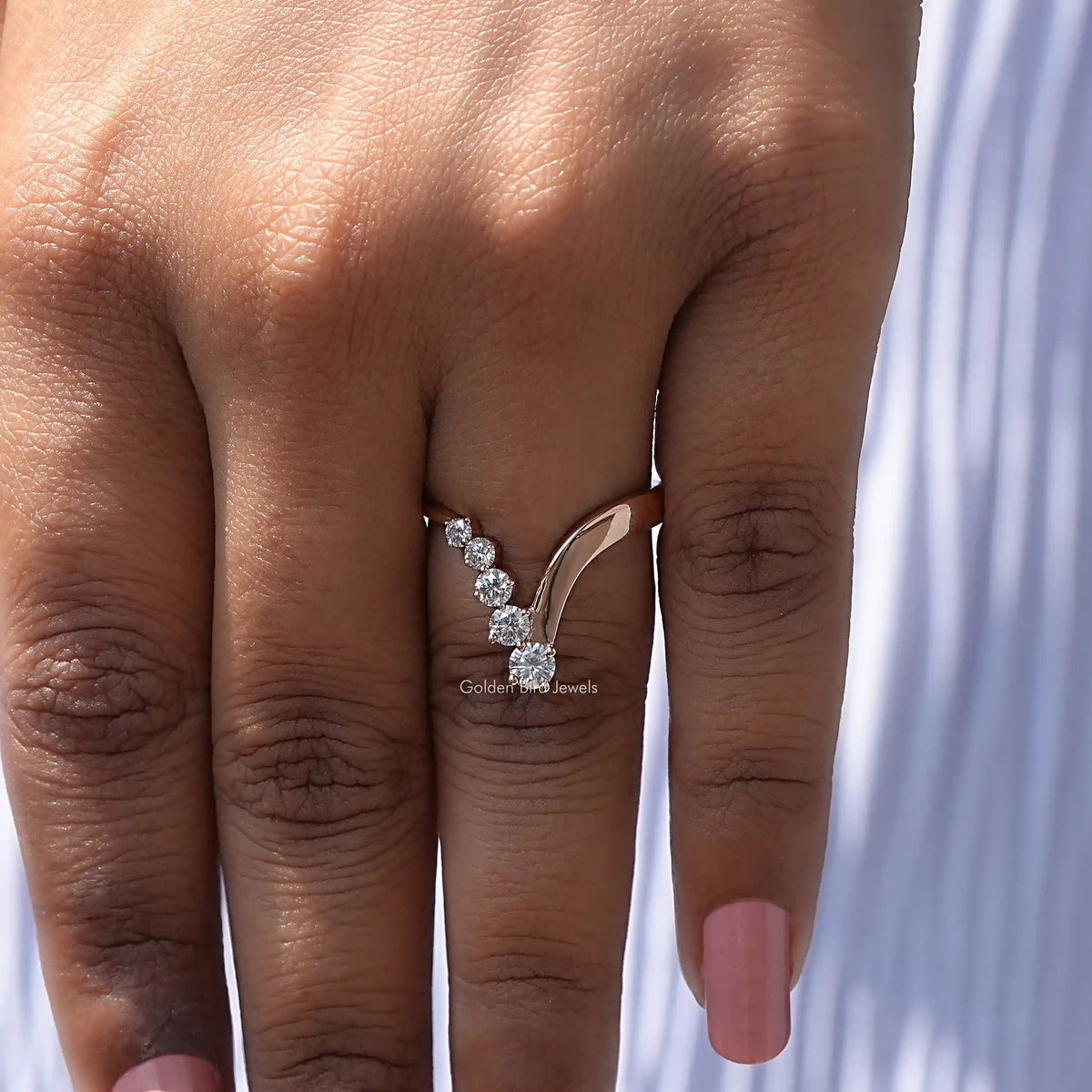 View of Round Cut Moissanite Chevron Ring In finger