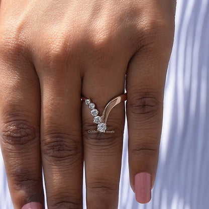 View of Round Cut Moissanite Chevron Ring In finger