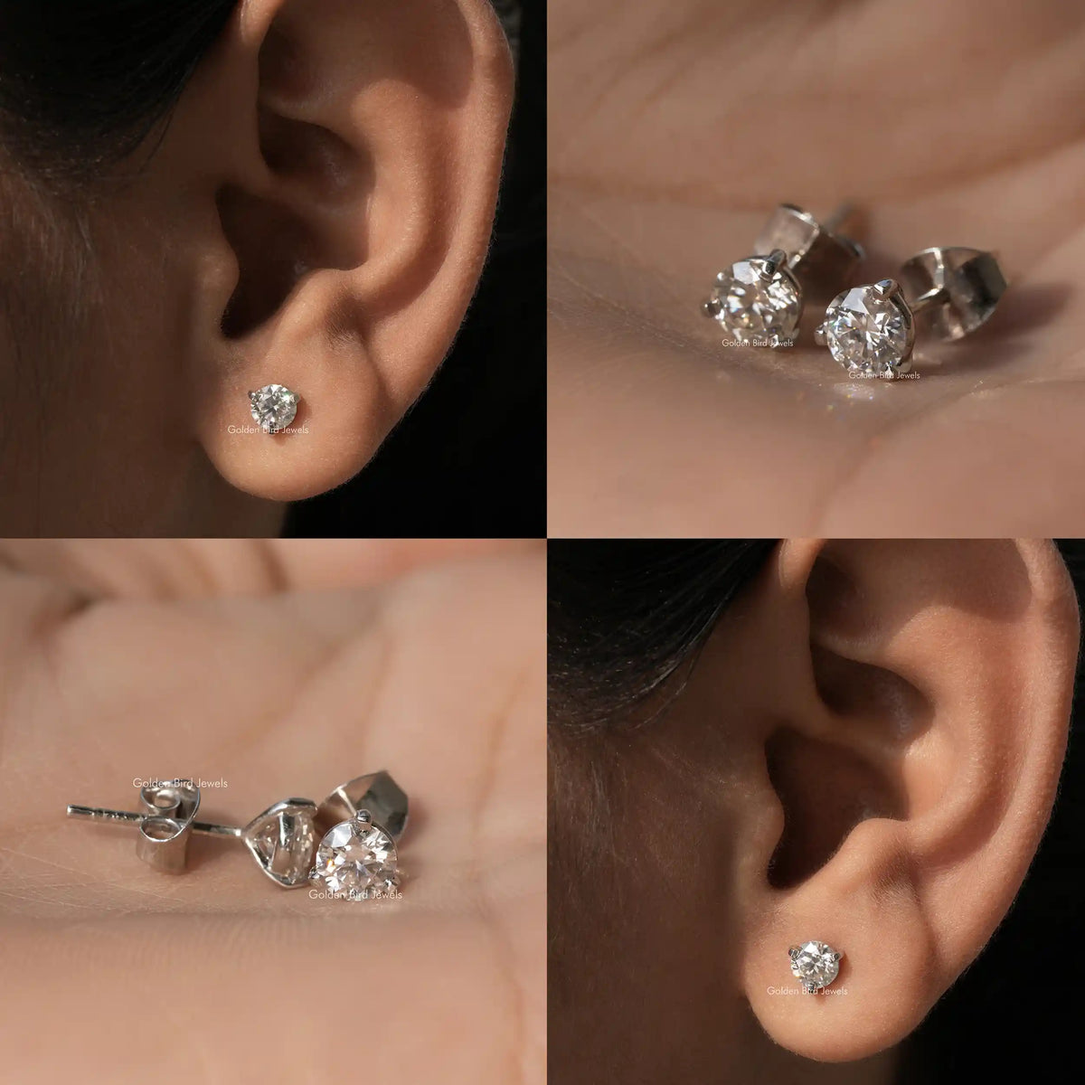 In 4 image view of stud moissanite  earings 