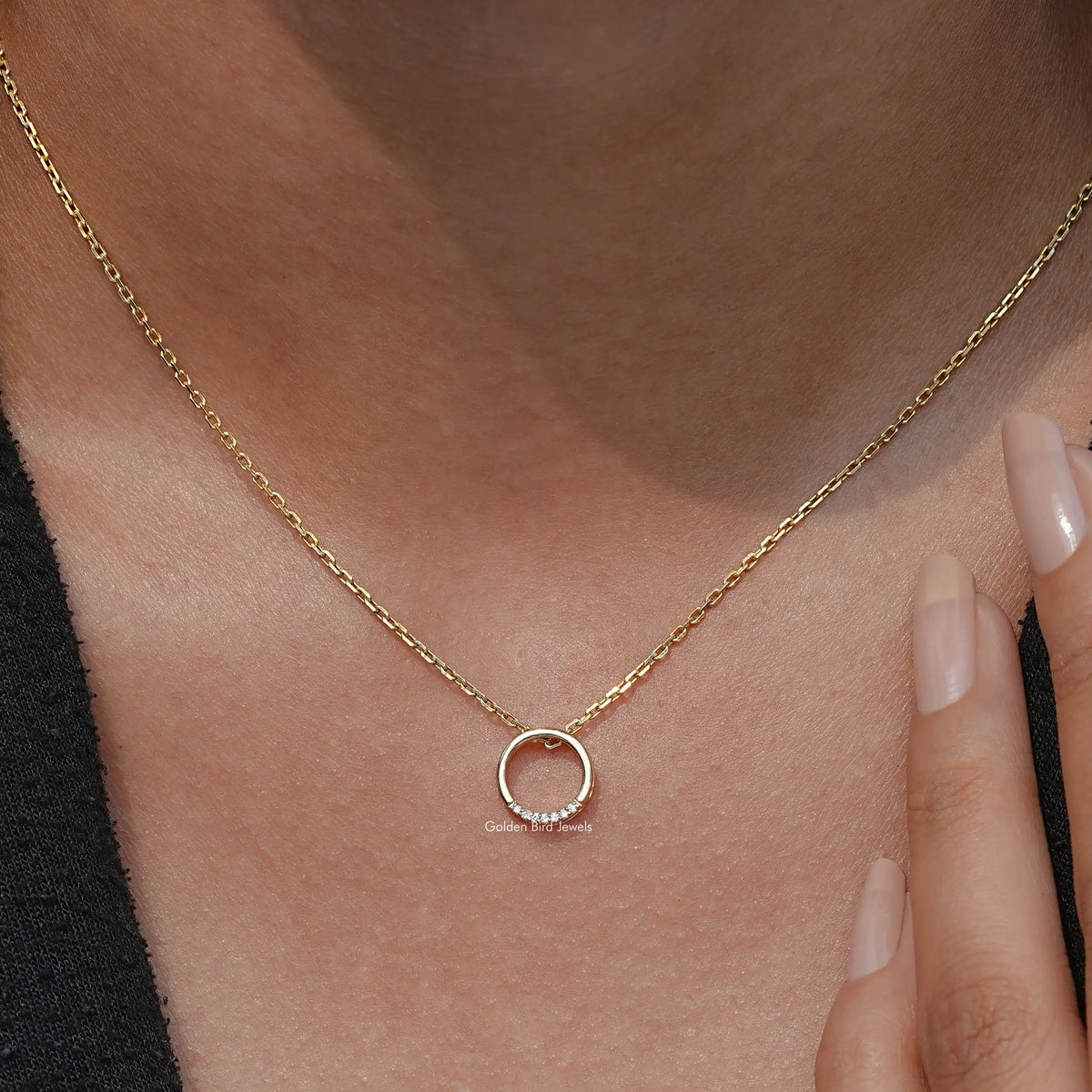 Close-Up View of Round Cut Open Circle Pendant In Yellow Gold
