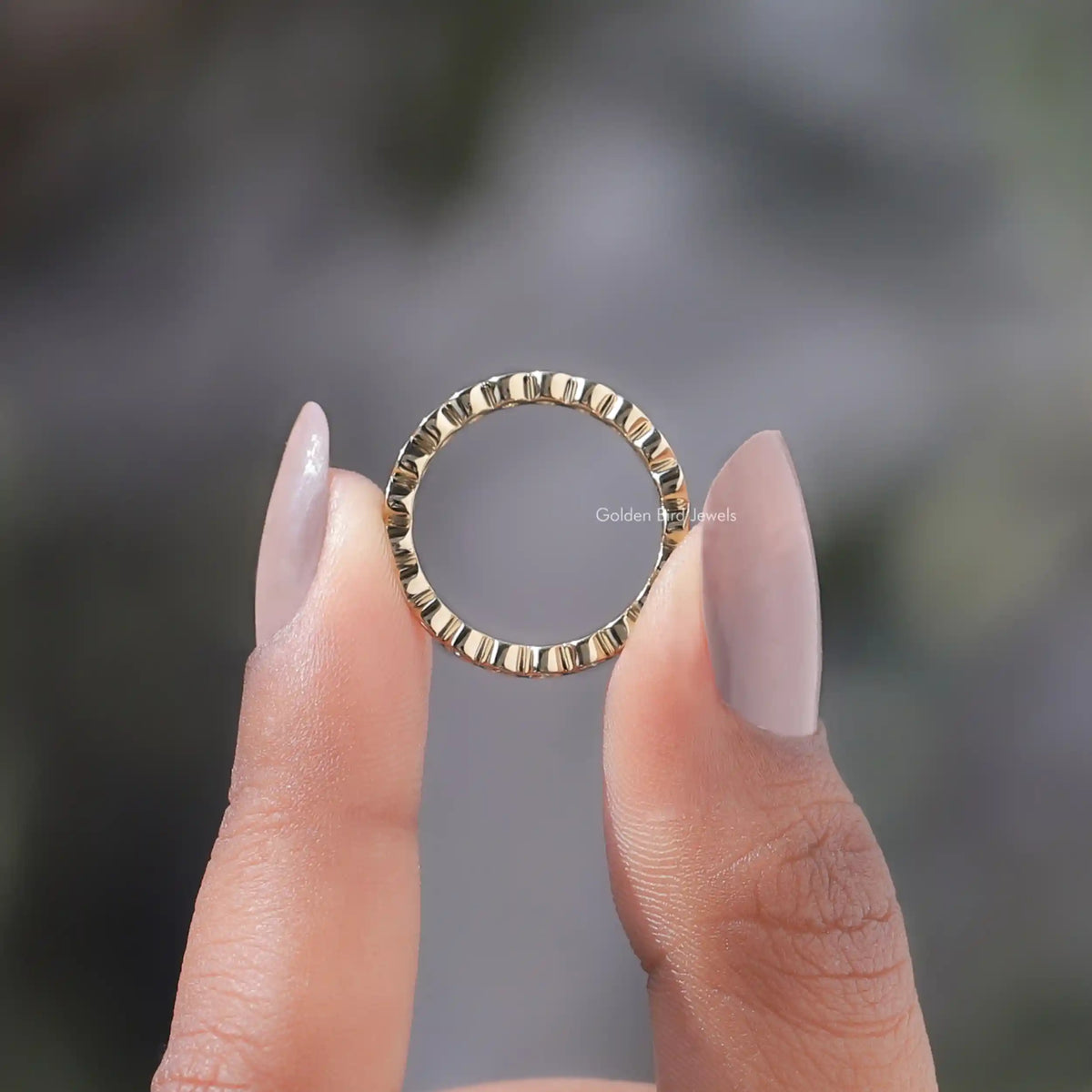 Back View of Round Diamond Bezel Set Eternity Band In two fingers