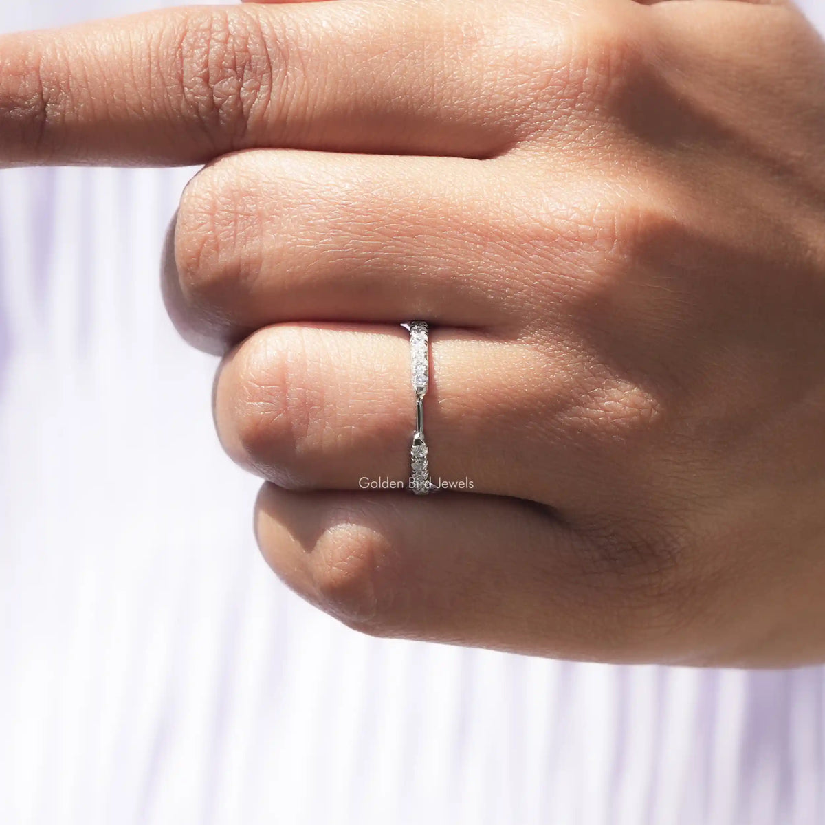 White metal half-eternity diamond band ring with slim profile