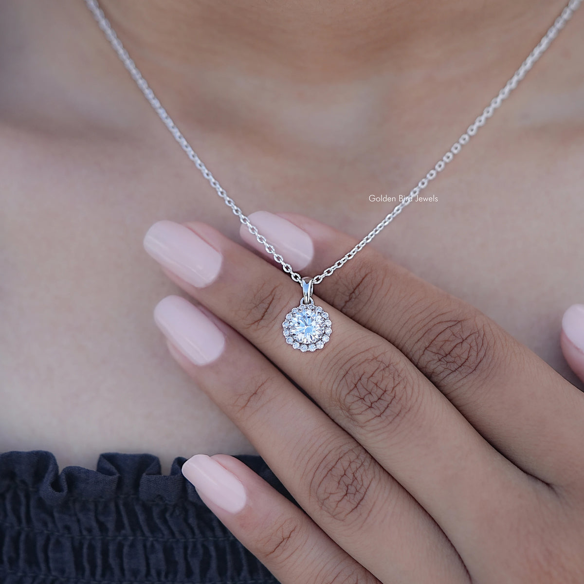 Display View of Round Cut Lab Diamond Halo Necklace