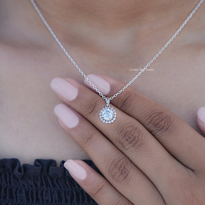 Display View of Round Cut Lab Diamond Halo Necklace