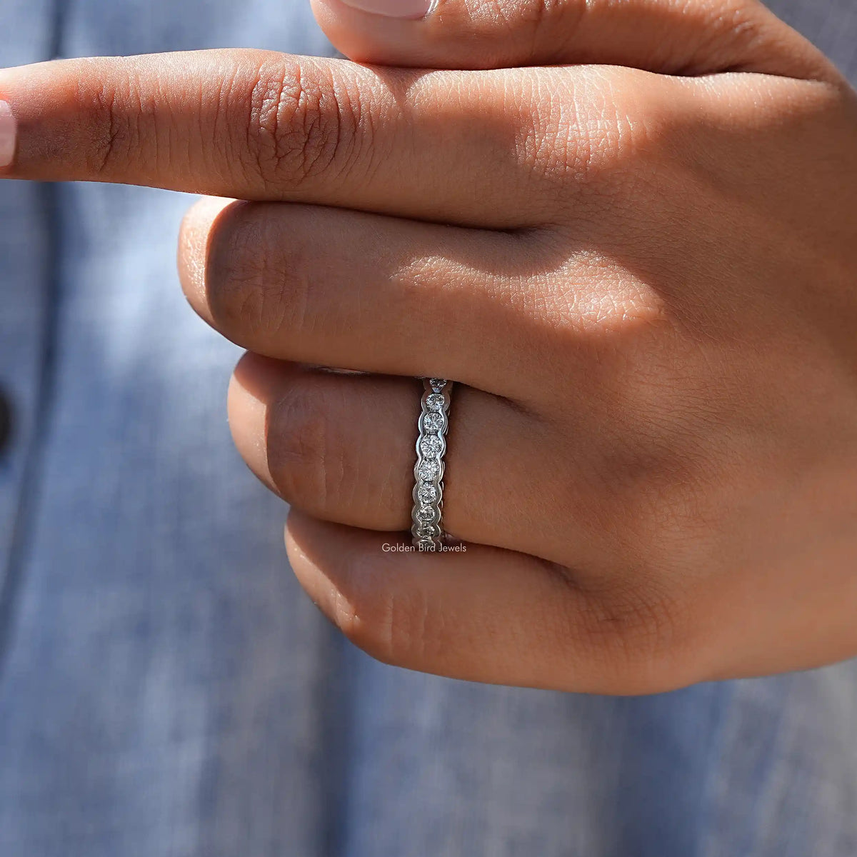 Detailed View of Round Diamond Wedding Band In White Gold