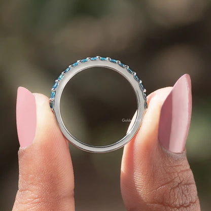 Back view of Aquamarine Blue Round Gemstone Eternity Band in secure setting 