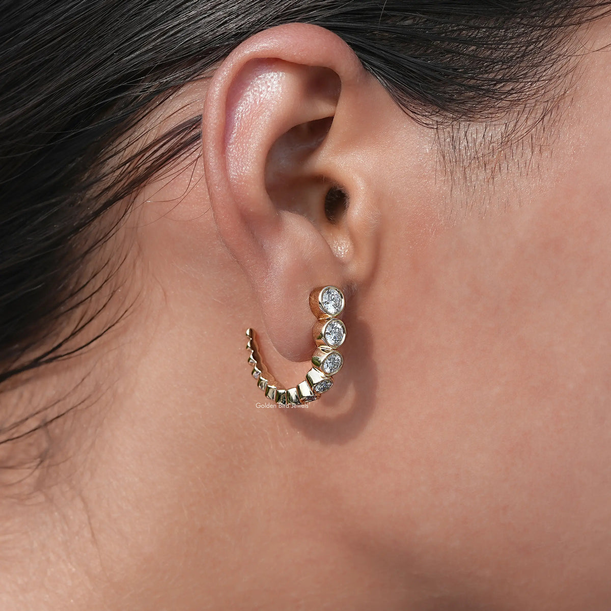 Side View of Round Cut Lab Diamond C Hoop Earrings In Women Ear's