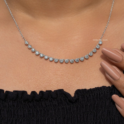 Silver-tone tennis necklace with round-cut moissanite stones along the neckline