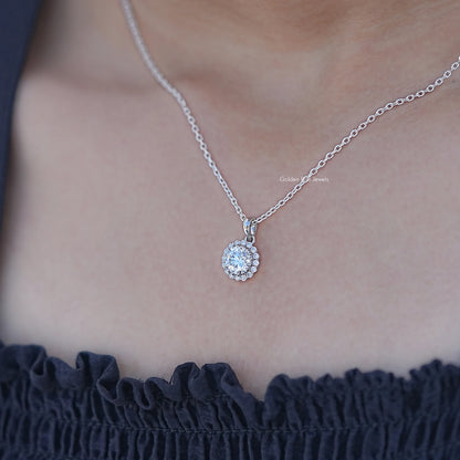Detailed View of Round Cut Lab Diamond Halo Pendant