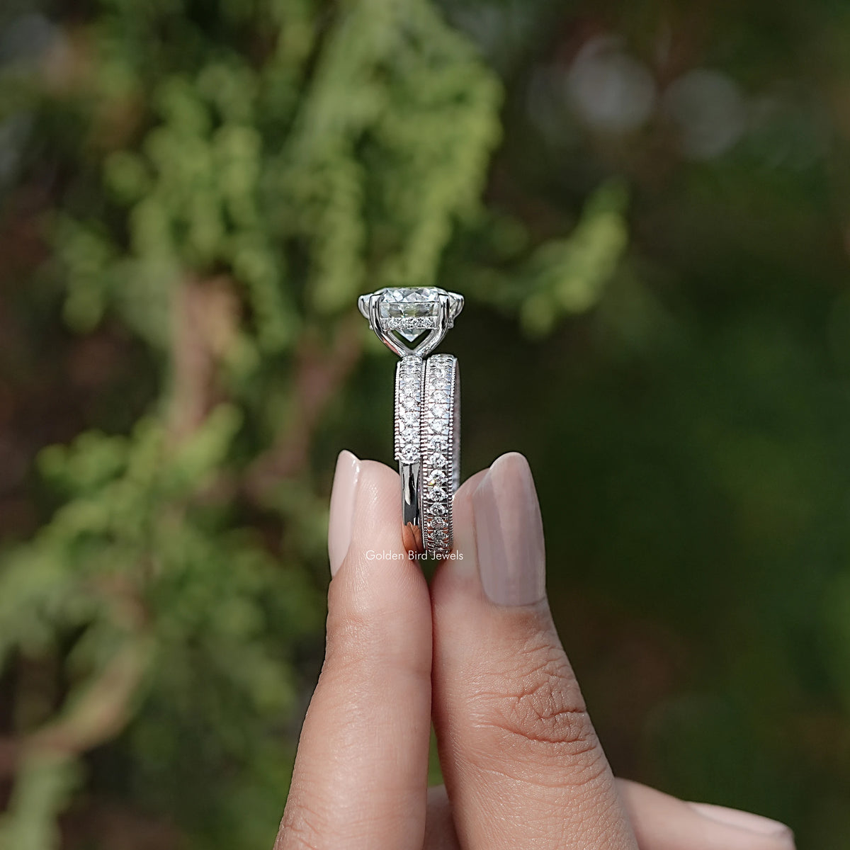 Side View of Round Cut Lab Diamond Bridal Ring
