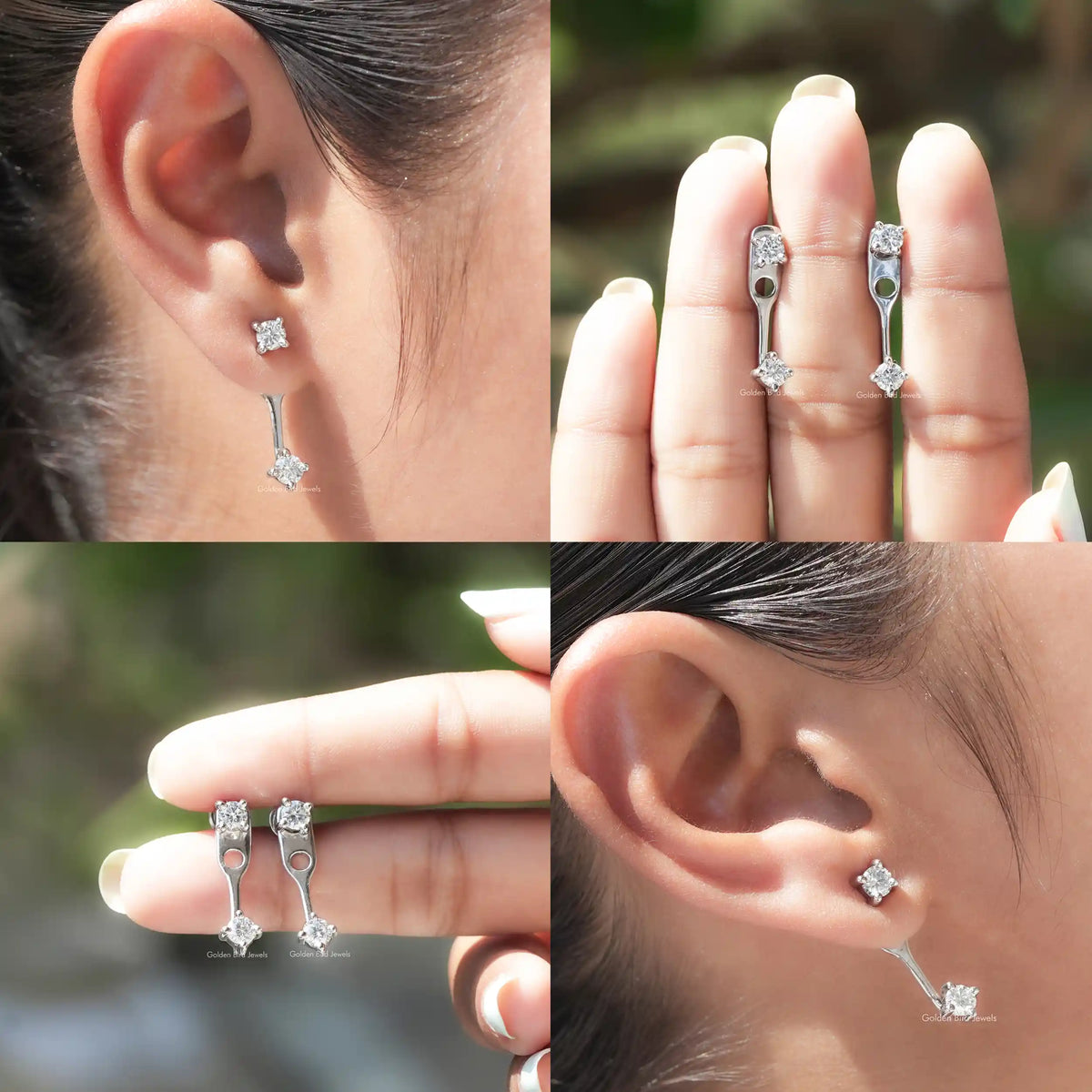 Silver-tone round moissanite drop earrings with screw backs, shown from multiple angles
