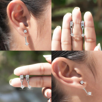 Silver-tone round moissanite drop earrings with screw backs, shown from multiple angles