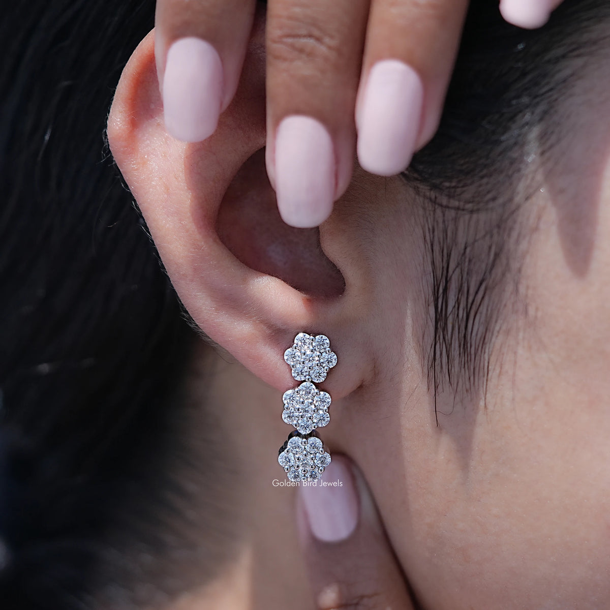 Dangle flower cluster earrings with two round sparkle clusters, silver tone