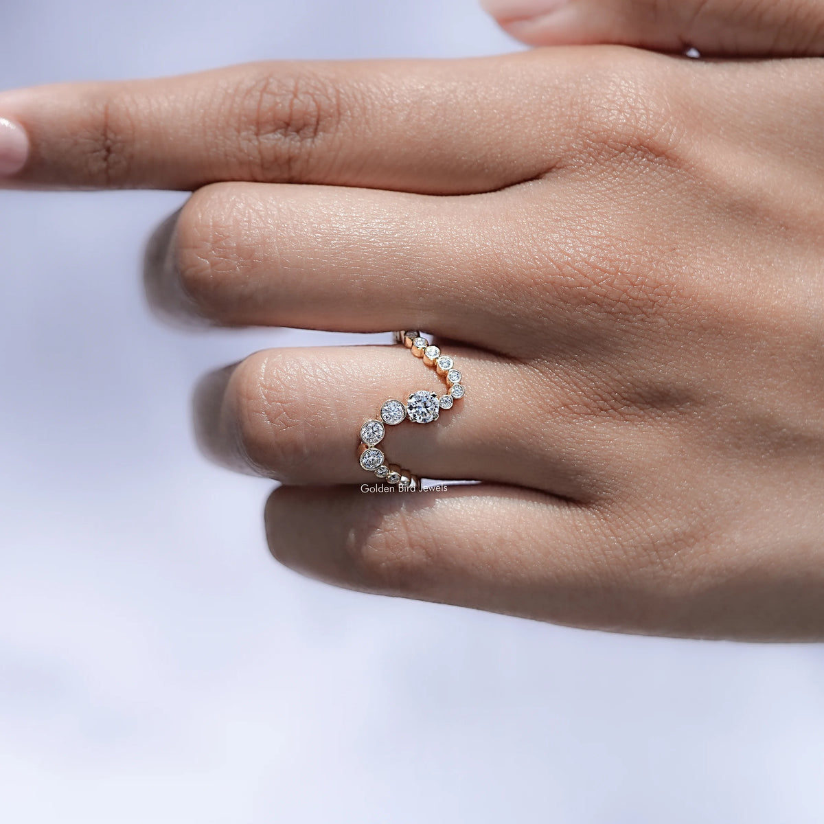 View of Round Cut Moissanite Solitaire Ring in prongs setting 