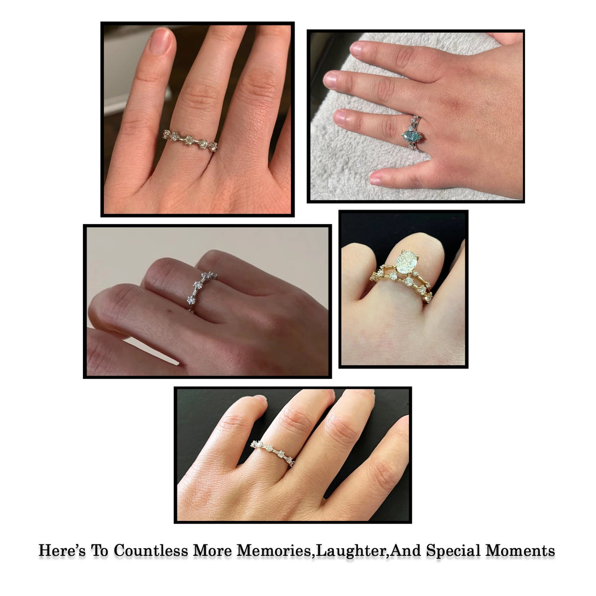 Half eternity ring with round moissanite stones shown on hands from multiple angles