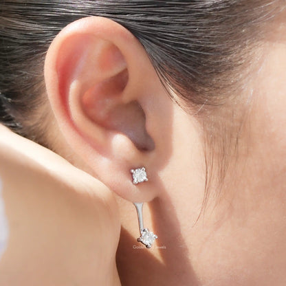 Silver-tone round stone stud with matching drop earring, screw-back style, close-up