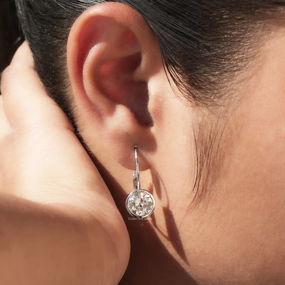 Round moissanite lever-back drop earrings with round clear stone, silver tone
