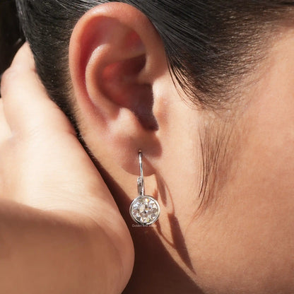 Round moissanite lever-back drop earrings with round clear stone, silver tone