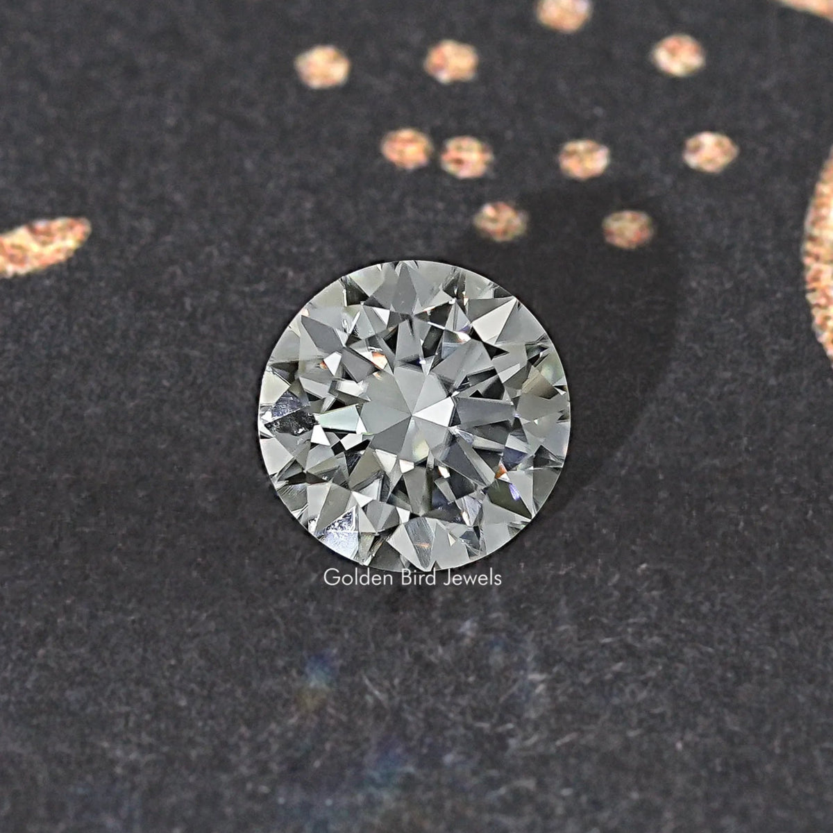 Round moissanite loose stone, top view, round brilliant-cut with bright reflective facets.