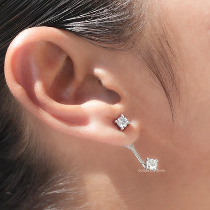 Silver-tone round moissanite drop earrings with screw-back closure, small bezel stones