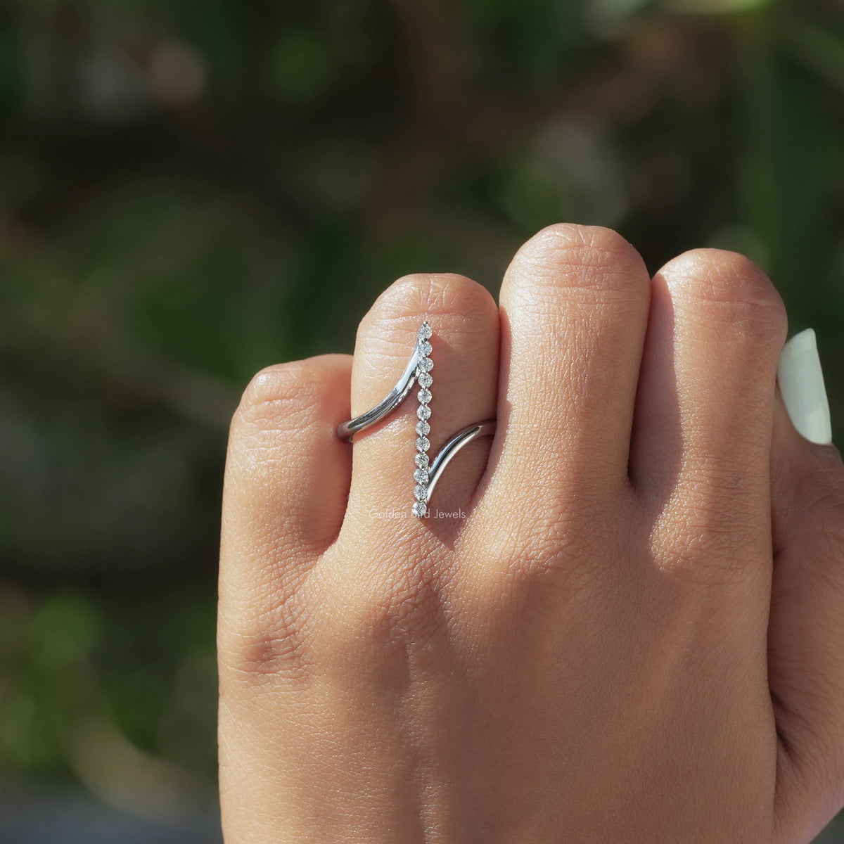 View of Round Cut Diamond Vertical Bypass Ring In White Gold