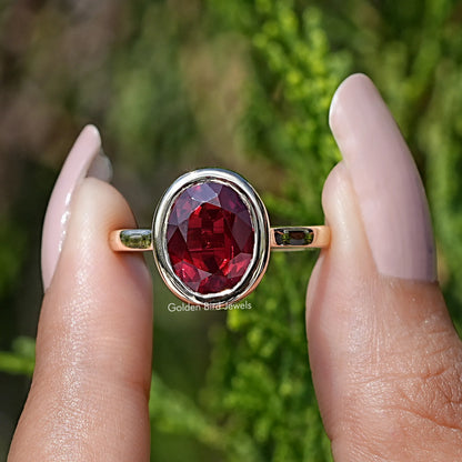 Front view of Ruby Red Oval Lab Gemstone Solitaire Ring	