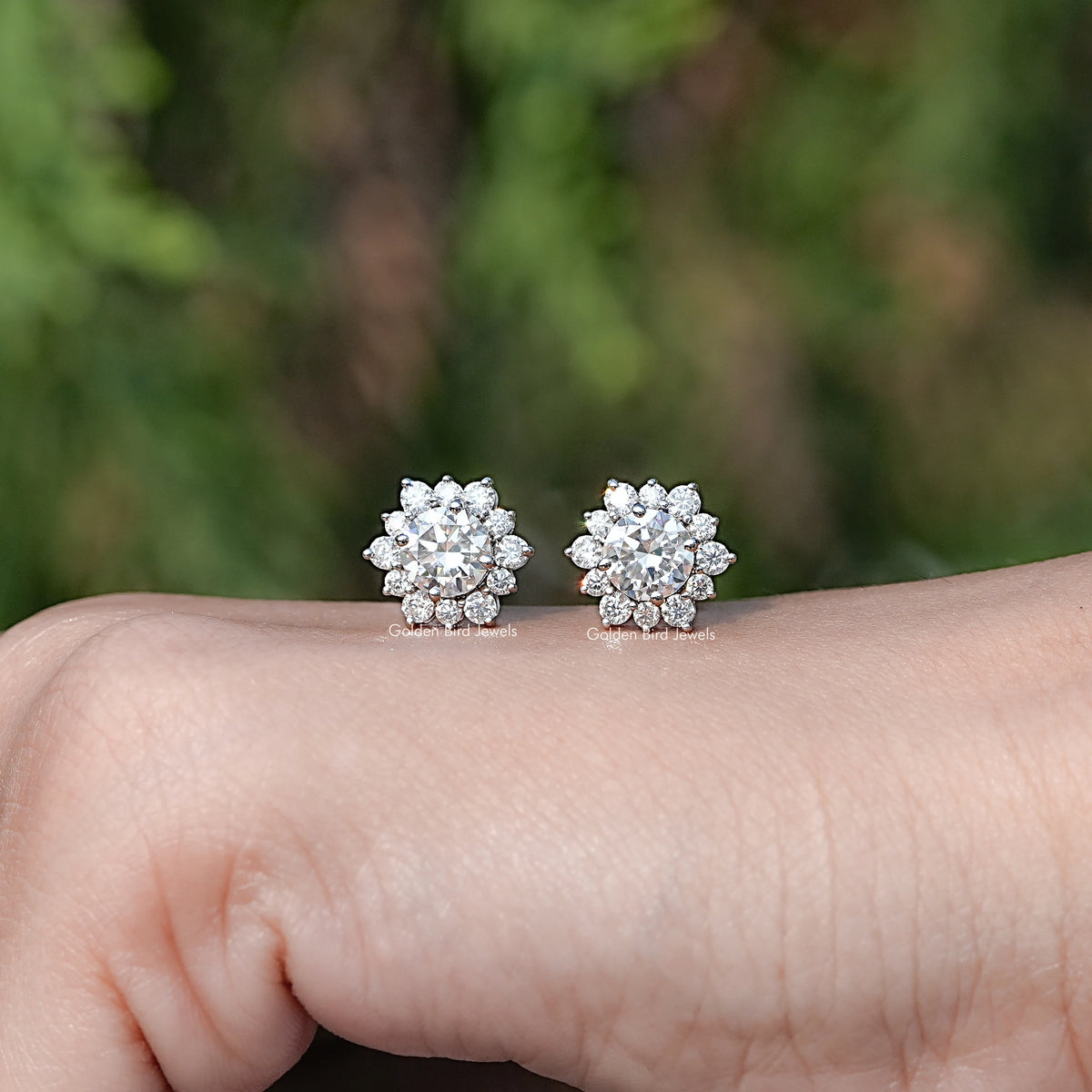 Front view of Round Cut Moissanite Halo Stud Earrings