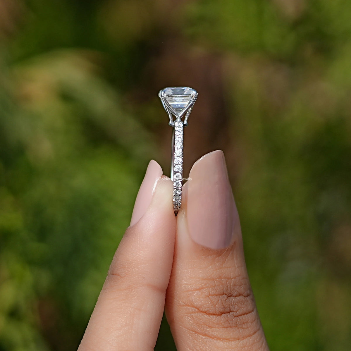 Side View Of Asscher Shaped Moissanite Engagement Ring.