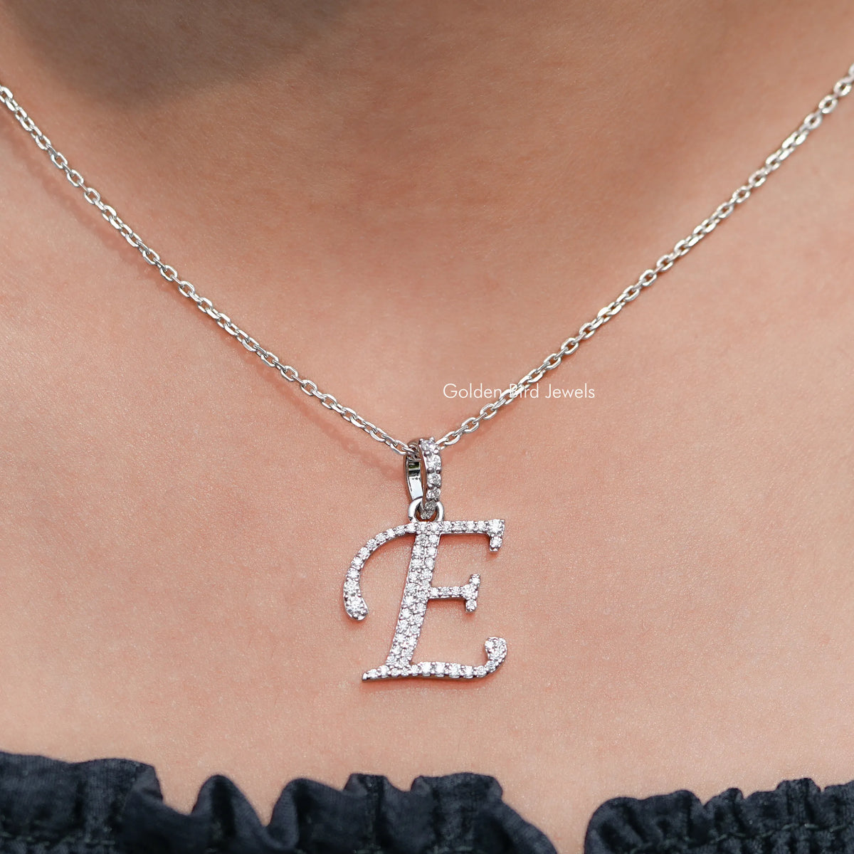 Front view of Round Cut Moissanite E Letter Pendant