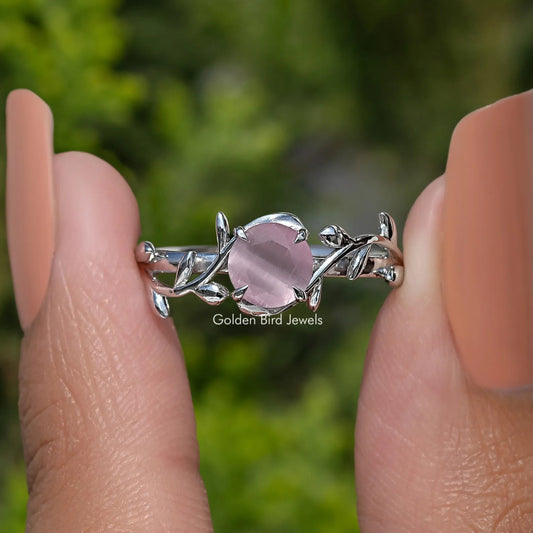Rose quartz round solitaire ring in leaf-style 925 Argentium silver setting