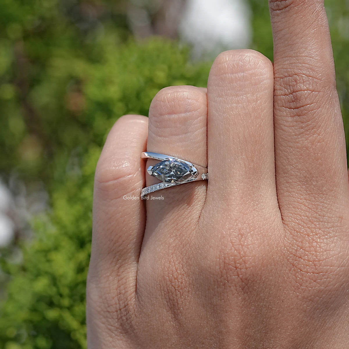 Top View Of Split Shank Marquise Cut Moissanite Engagement Ring