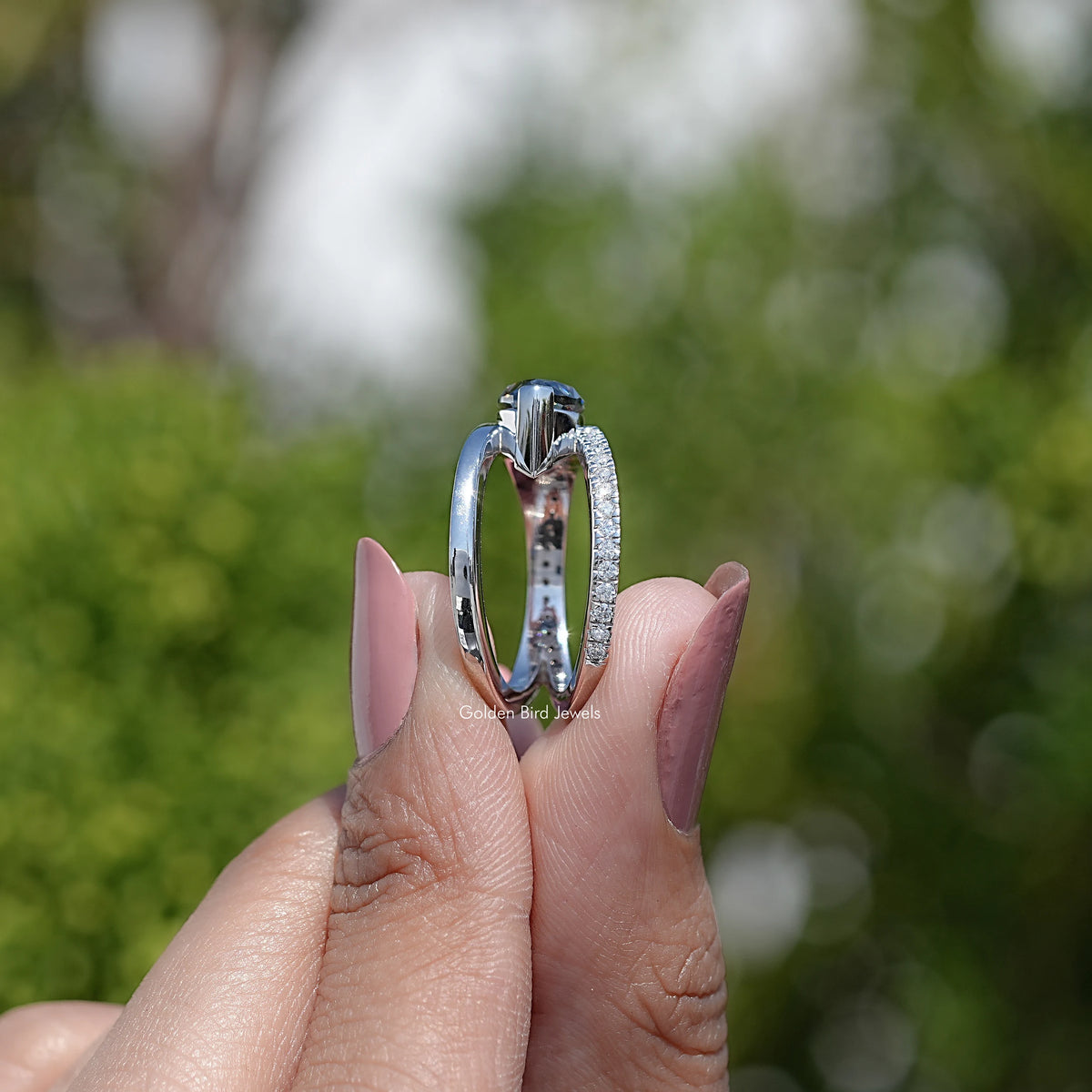 Side View Of Split Shank Marquise Moissanite Ring