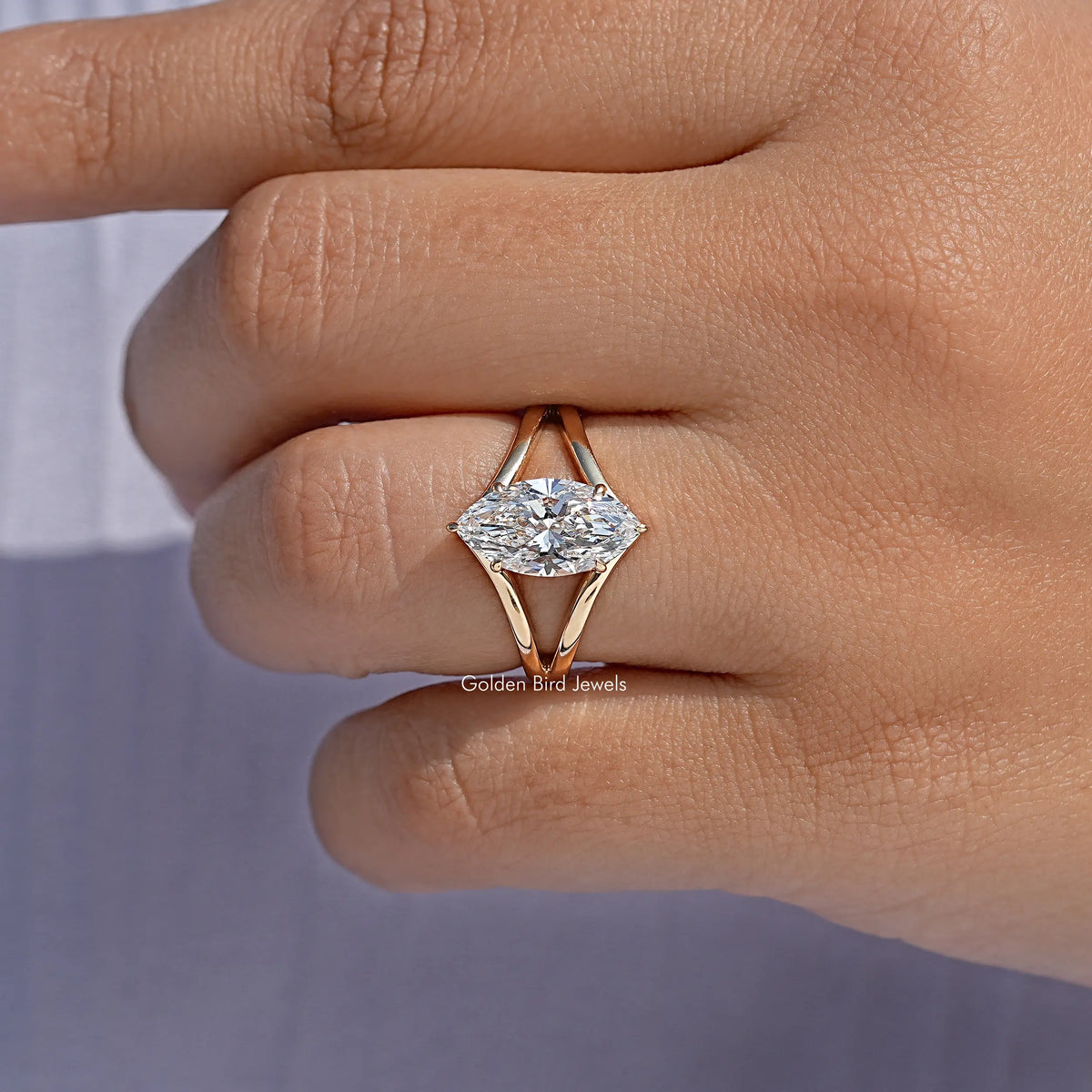 Close View Of Marquise Split Shank Lab Diamond Ring
