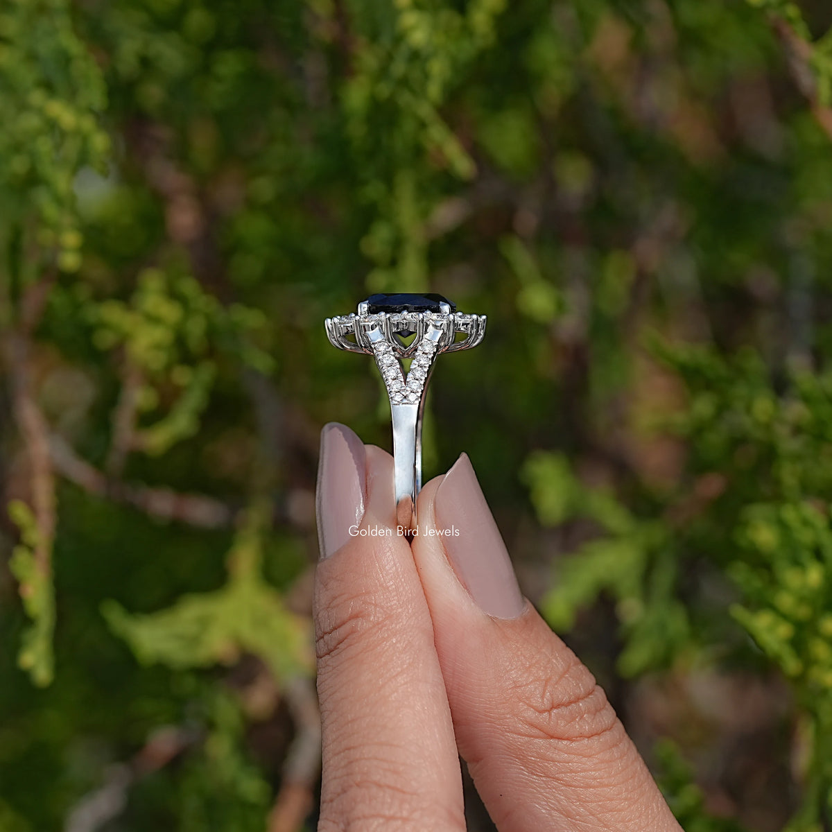 Top view of split shank oval sapphire halo ring, prong-set center