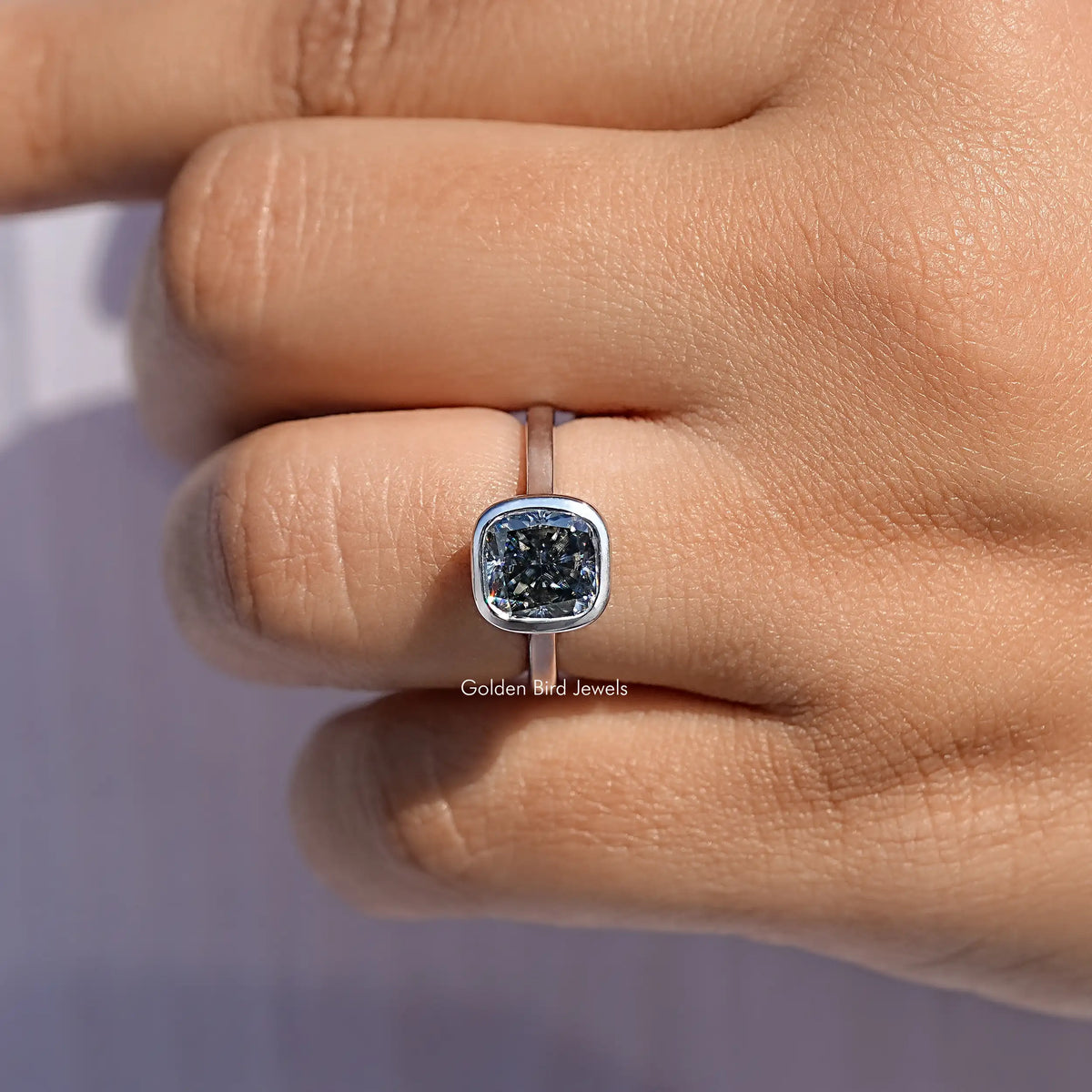 Close View Of Bezel Set Square Moissanite Solitaire Ring 
